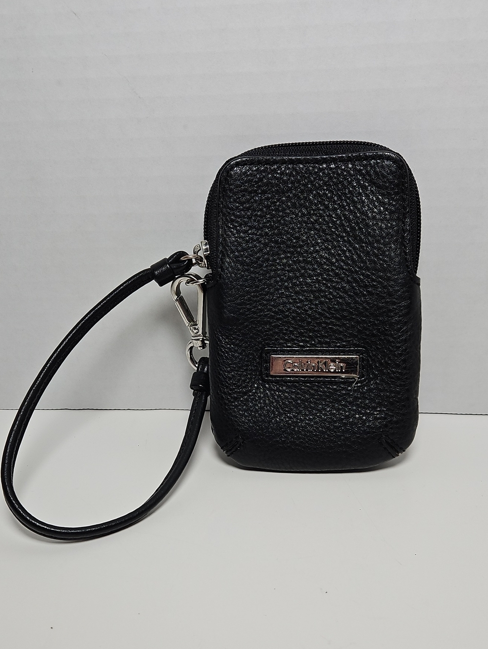 Calvin Klein Black Pebbled Leather Wristlet Phone Pouch